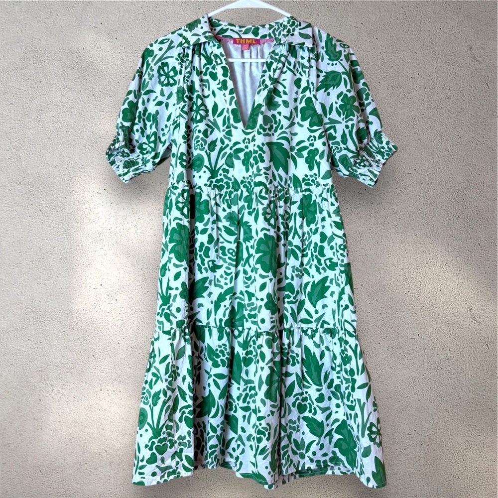 THML Green and White Floral V-Neck Tiered Dress
